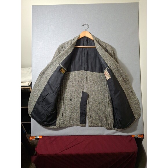 Harris Tweed 45 Long Scottish Wool 2 Button Gray Herringbone Sport Coat Blazer - Picture 4 of 13